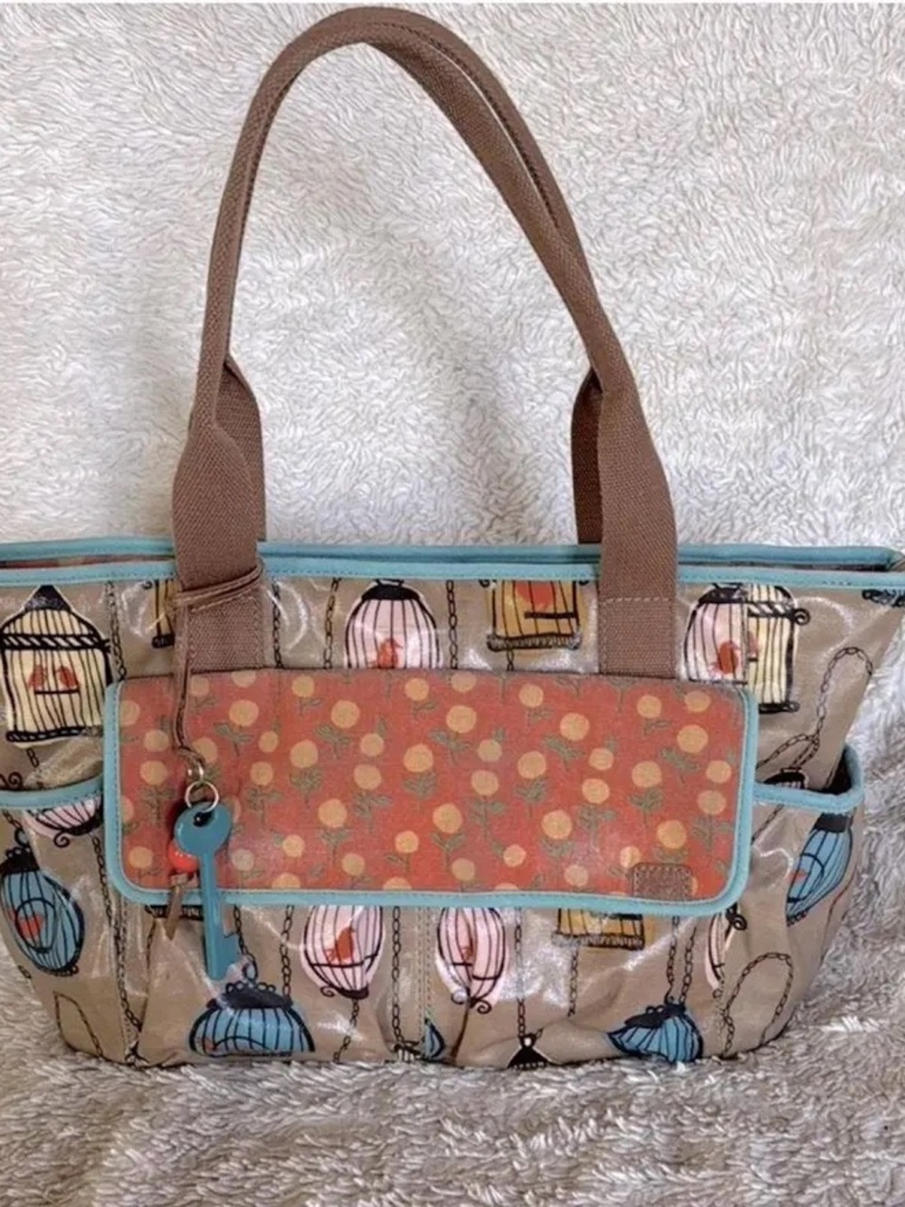 Tote Bag with Birdcage Print and Coral Accent